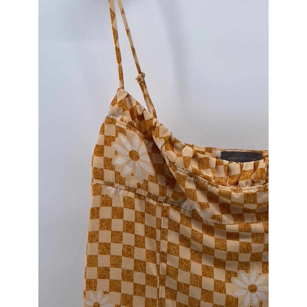 URBAN OUTFITTERS Women's Orange Checkered Daisy Print Cowl-Neck Mini Dress SZ L