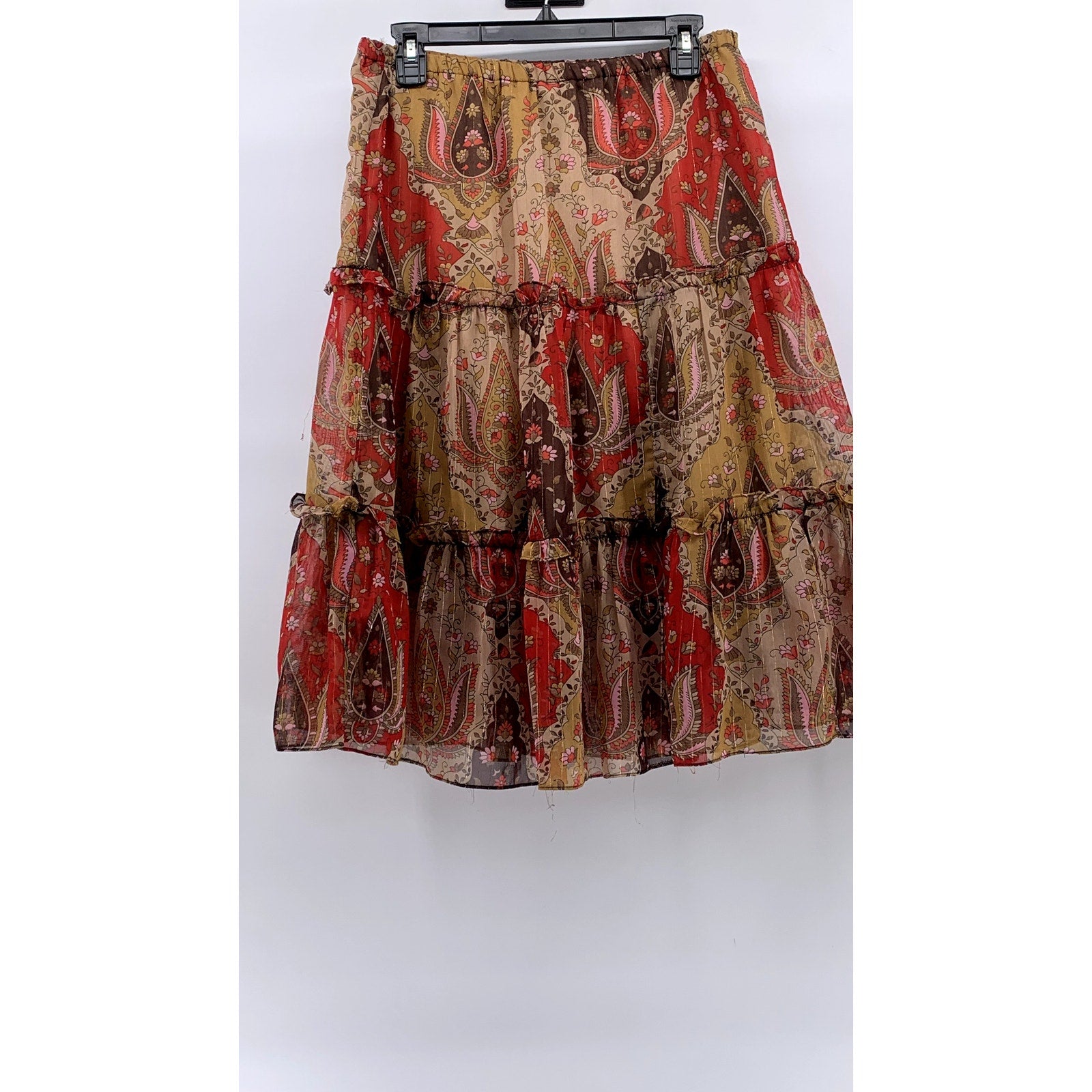 ZERO ZERO Women's Red-Tan Printed Tiered A-Line Knee Length Skirt SZ M