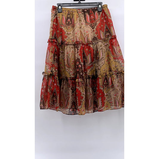 ZERO ZERO Women's Red-Tan Printed Tiered A-Line Knee Length Skirt SZ M