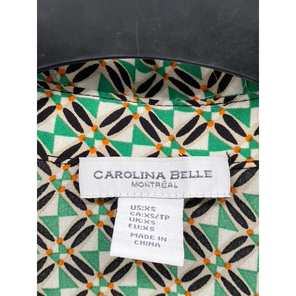 CAROLINA BELLE MONTREAL Women's Green Printed Button-Up Short Sleeve Top SZ XS