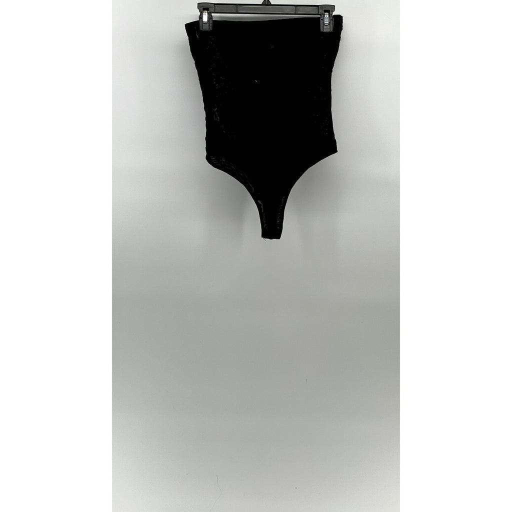 WILD HONEY Women's Black Embroidered Floral Mesh Strapless Thong Bodysuit SZ S