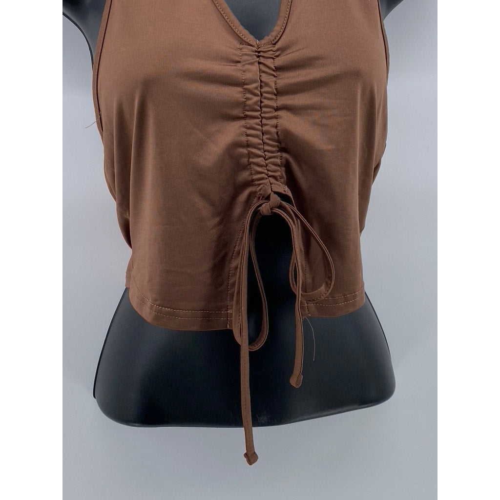 SHEIN Women's Brown Ruched Flirla Asymmetrical Hem Halter Crop Tank Top SZ 4