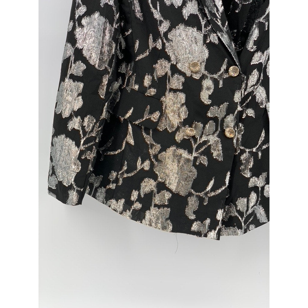 A.PEACH Women's Black-Silver Printed Double-Button Notch Collar Blazer SZ S