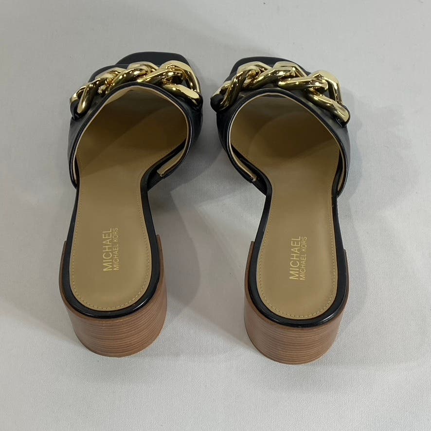 MICHAEL MICHAEL KORS Women's Black Leather Gold-Chain Link Block-Heel Sandal SZ8
