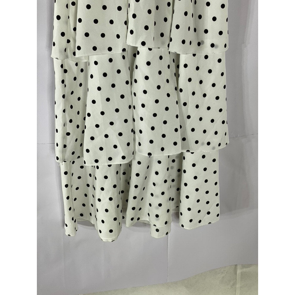 UNBRANDED Women's White-Black Polka-Dot V-Neck Tiered Midi Dress SZ S