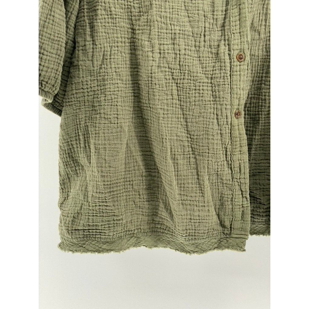 KNOX ROSE Women's Olive Green Gauze Elbow Sleeve Button-Up Top SZ 2XL