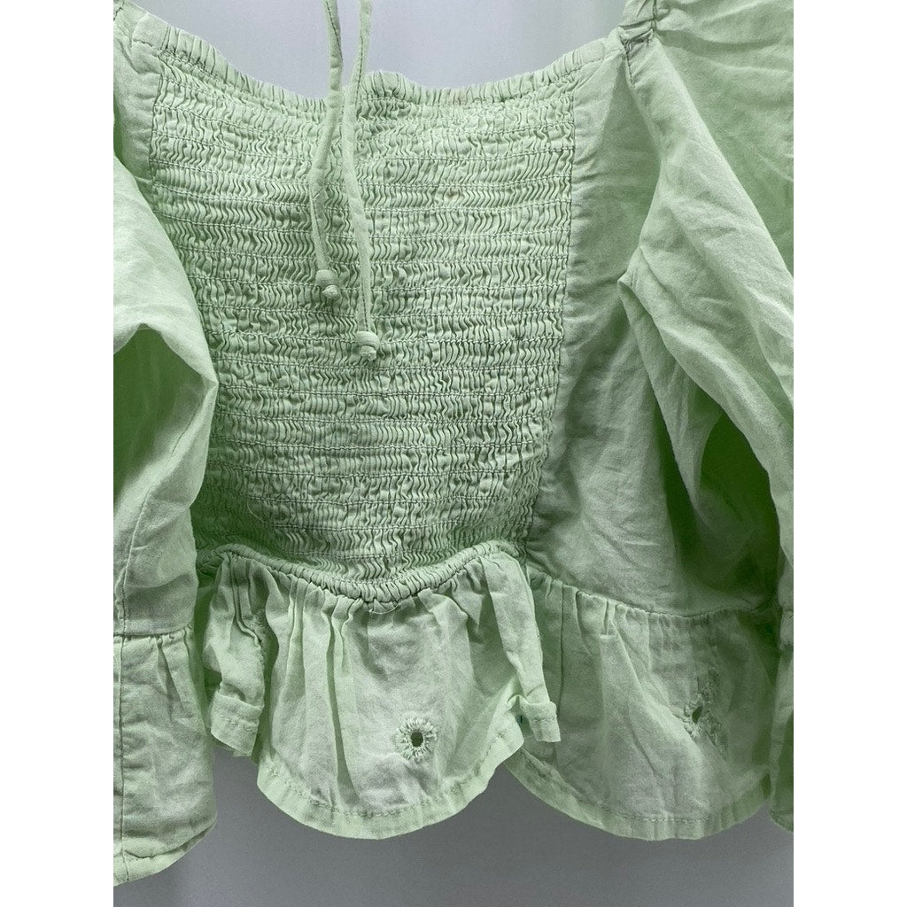 ZARA Women’s Mint Green Embroidered Eyelet Puff-Sleeve Crop Top SZ M