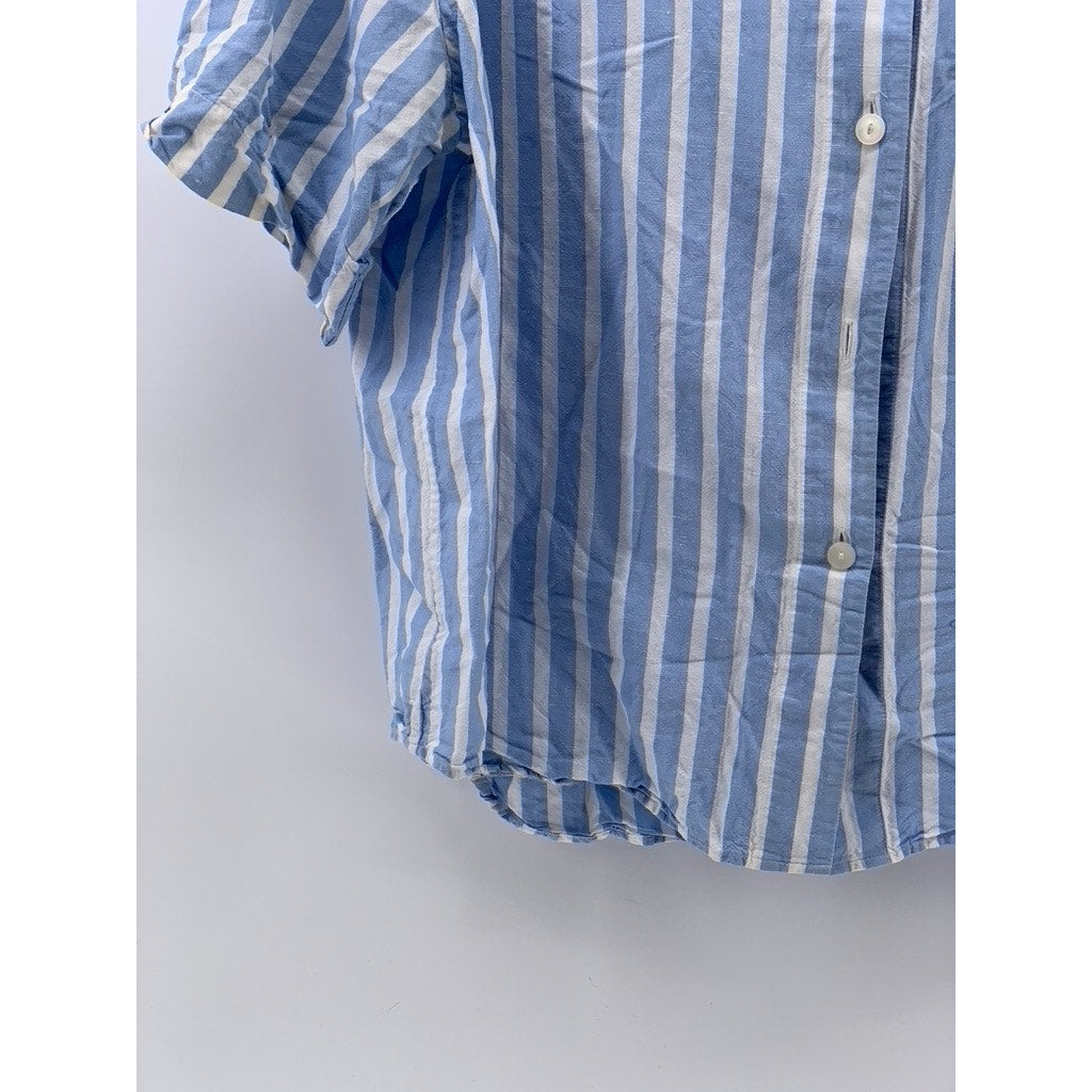UNIQLO Women's Blue-White Striped Linen-Blend Button-Up Open-Collar Top SZ XL