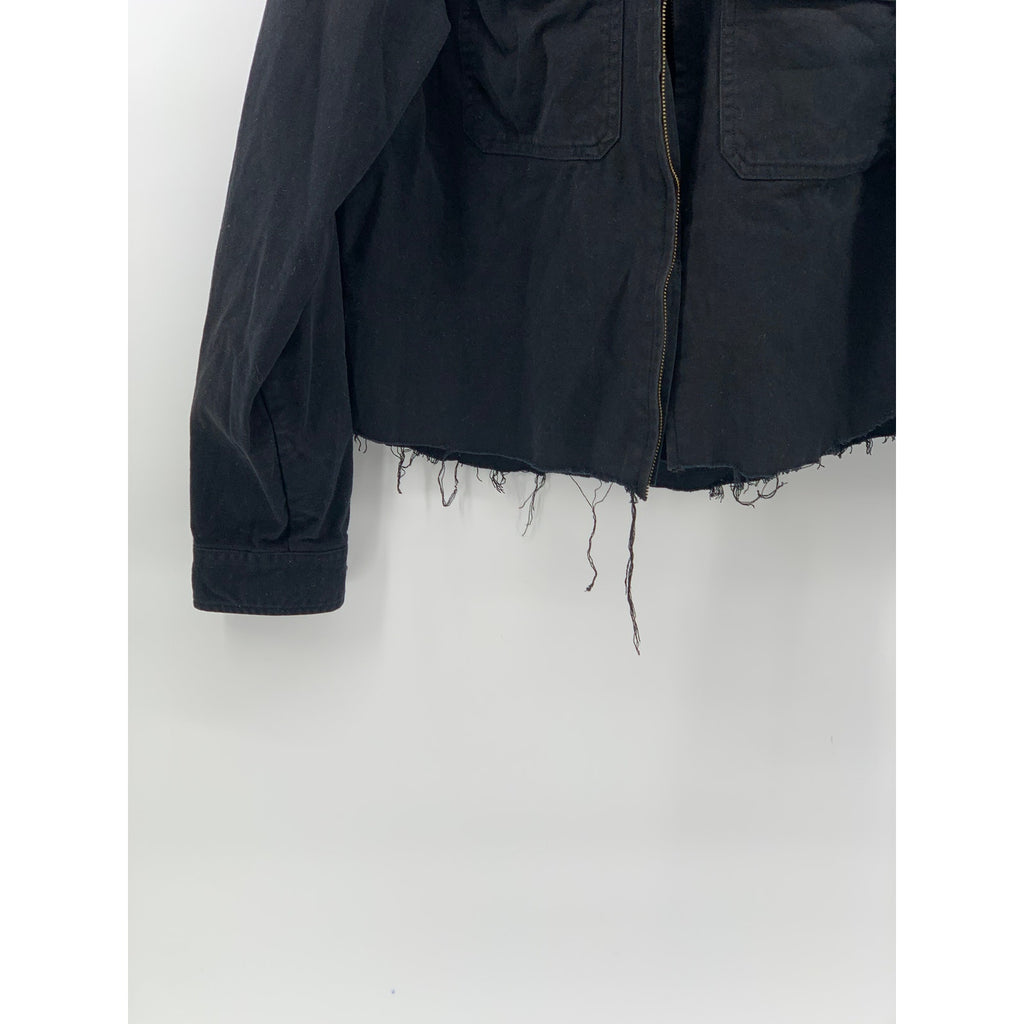 LEE Women’s Black Denim Frayed Cut-Off Hem Zip-Up Cropped Jean Jacket SZ L