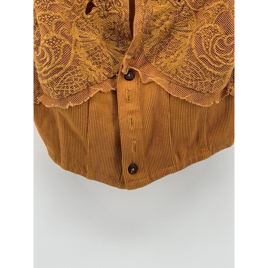 FREE PEOPLE Women's Camel Brown Embroidered Button-Up Crop-Top SZ S