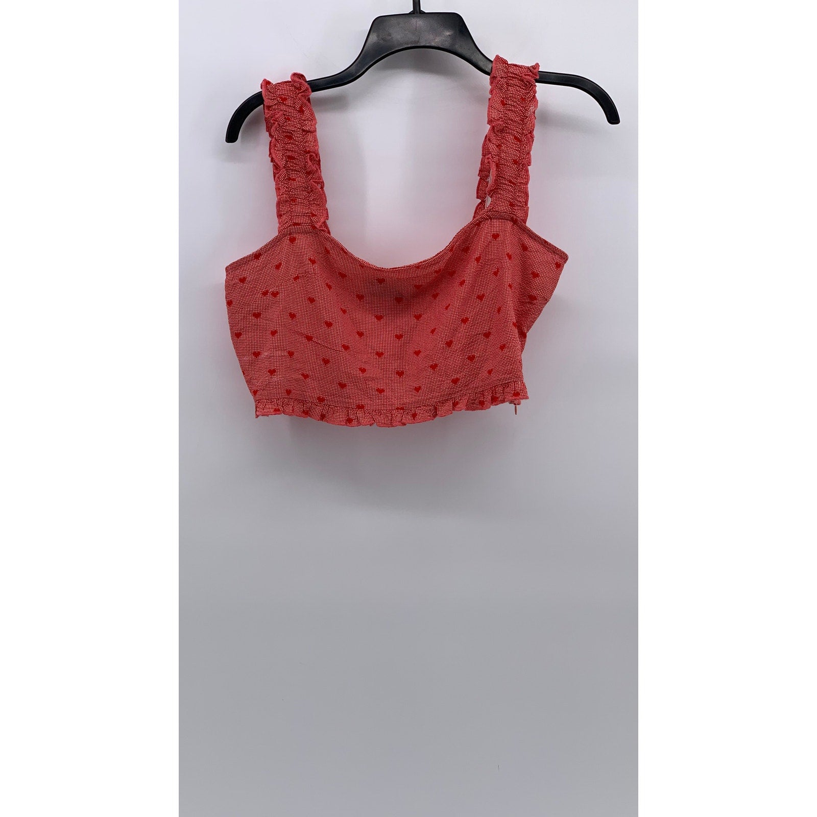 CIDER Women's Red Embroidered Heart Straight-Neck Ruffle Sleeve Crop Top SZ L(8)
