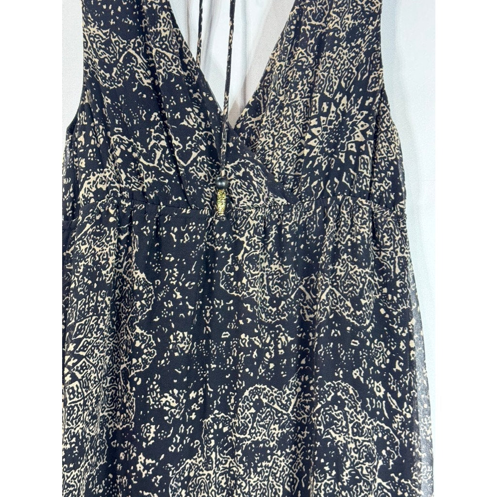 ELLA MOSS Women's Black/Beige Printed Sleeveless Silk Ruffle Mini Dress SZ XS