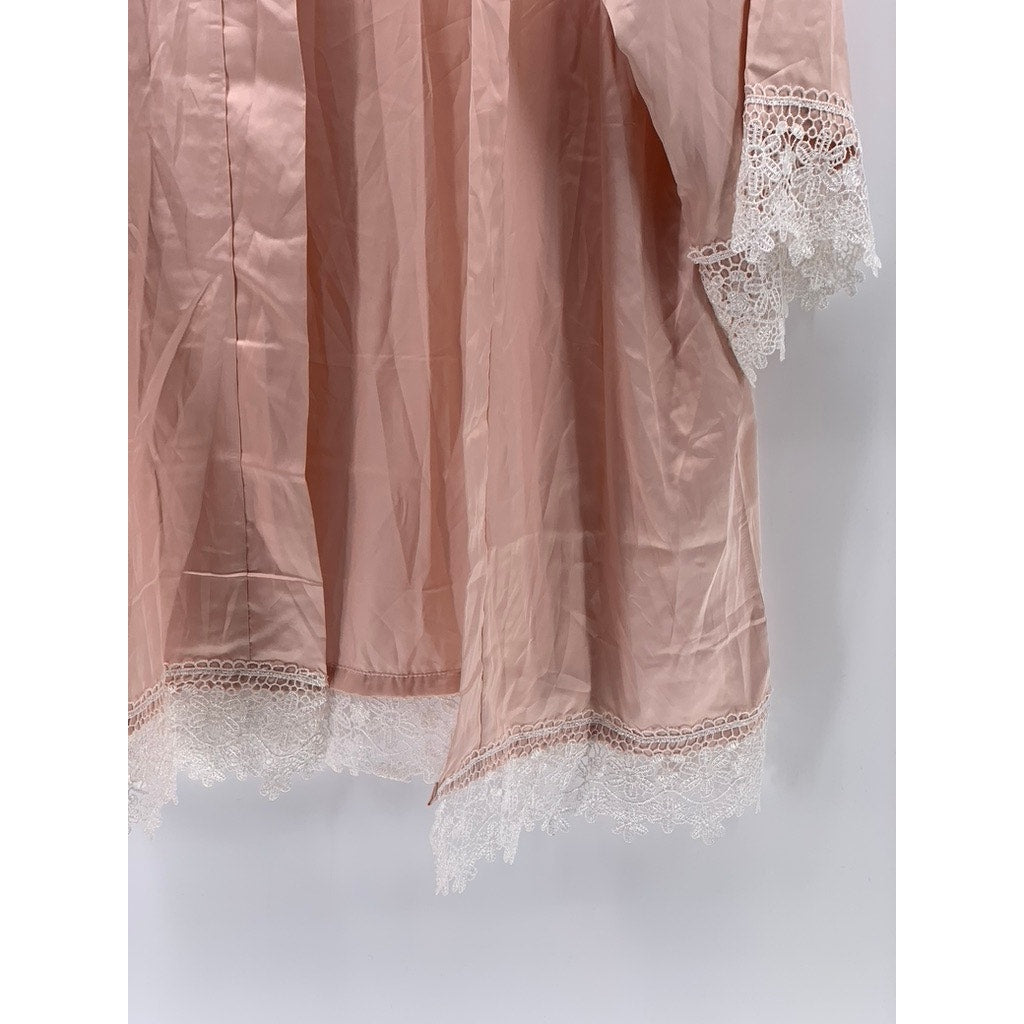 SAIRA Women's Dusty Rose Satin Embroidered Lace-Trim Belted Sleepwear Robe SZ OS