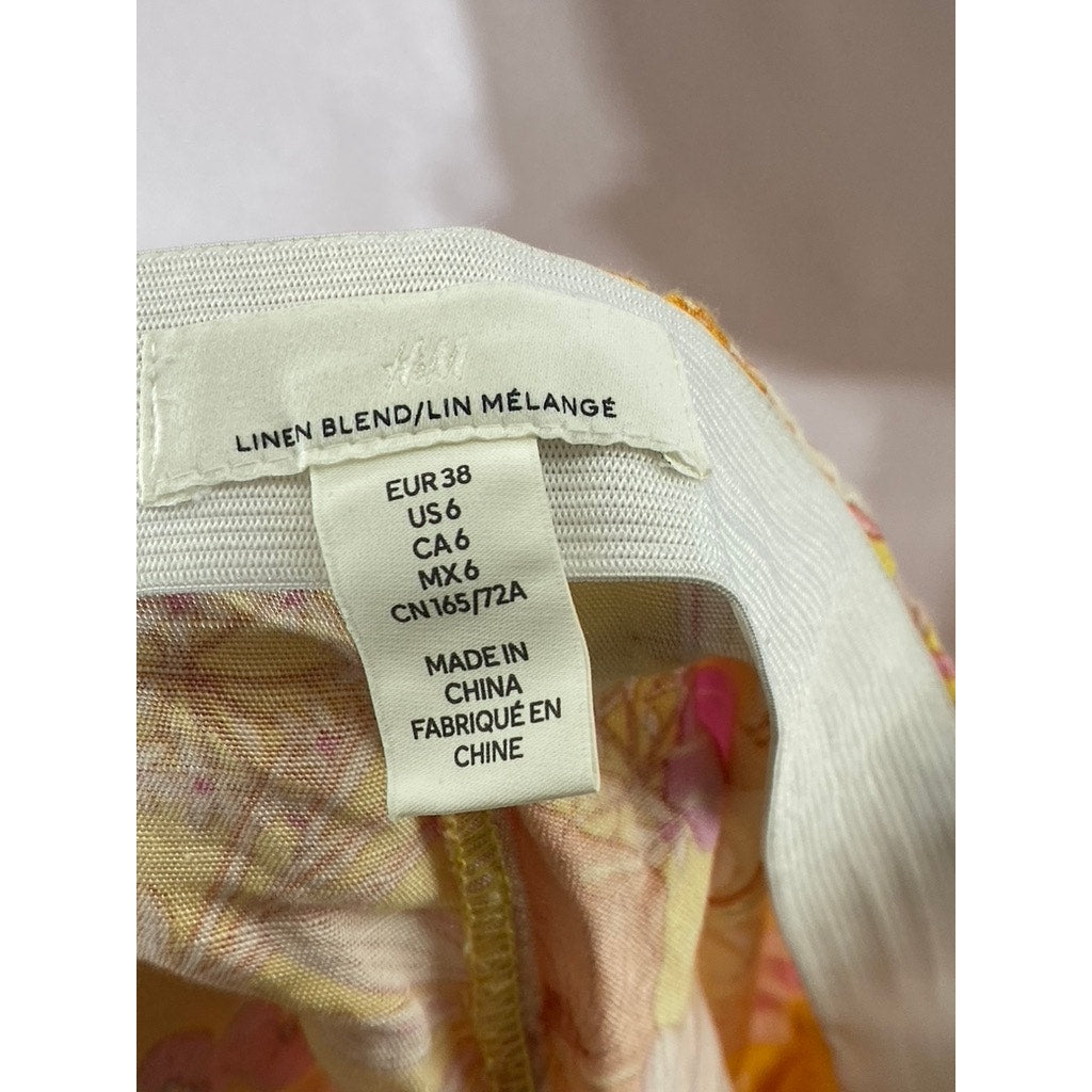 H&M Women’s Orange Floral Linen-Blend High-Waist Shorts SZ 6