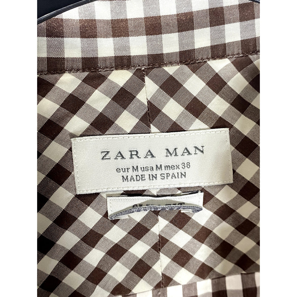 ZARA Men's Brown-White Gingham Print Slim-Fit Button-Up Long Sleeve Shirt SZ M