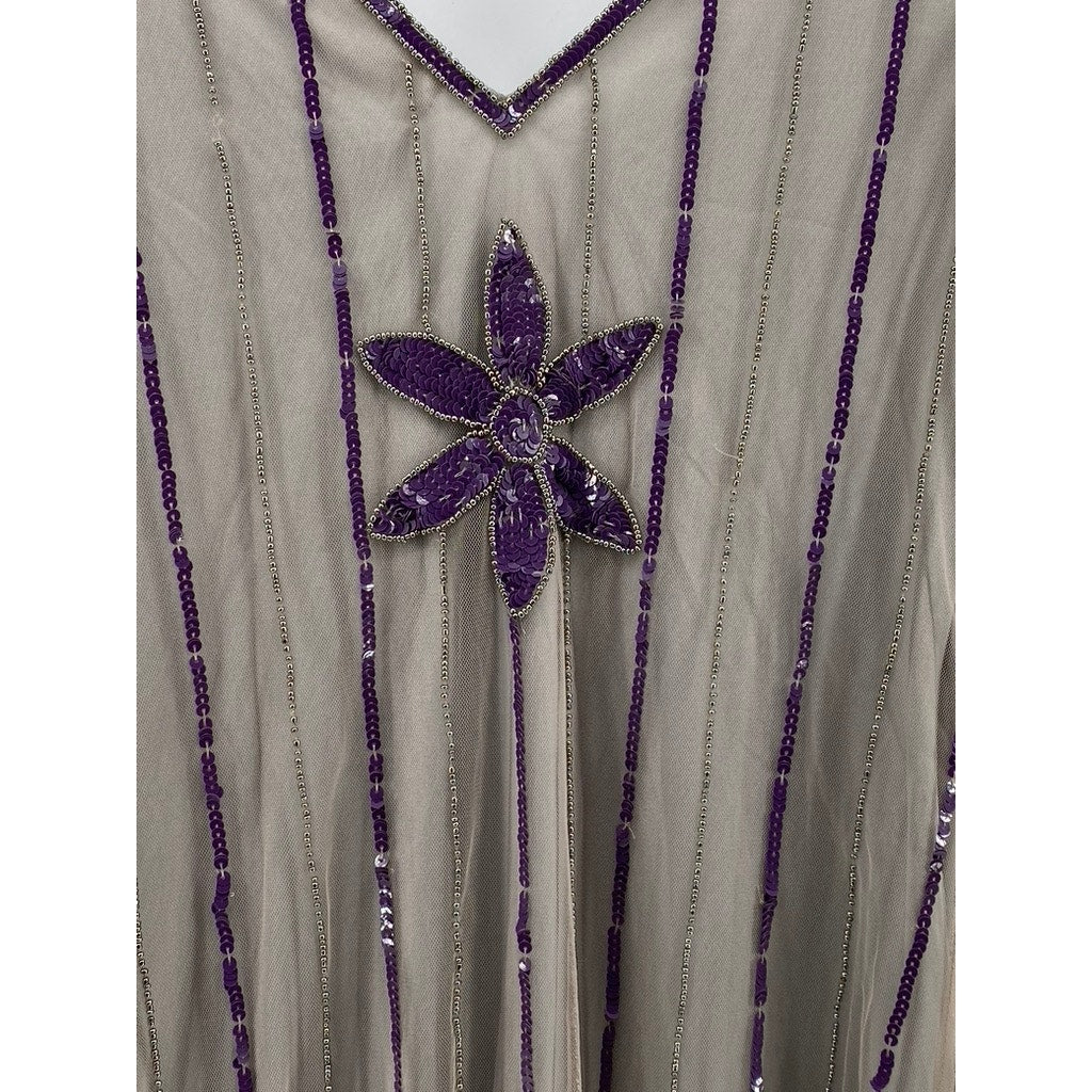 GATSBYLADY LONDON Women's Gray-Purple Beaded V-Neck Short Sleeve Dress SZ 6