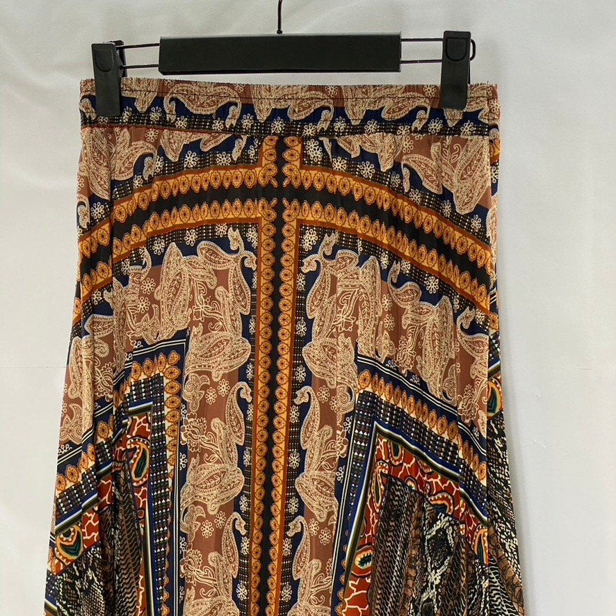 UNBRANDED Women's Tan-Multi Paisley Print Elastic-Waist Pleated Midi Skirt SZ XL