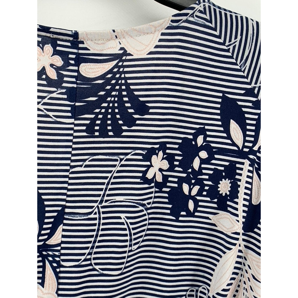 AVENUE Women's Plus Navy Floral Striped Scoop-Neck Short Sleeve Top SZ 26/28