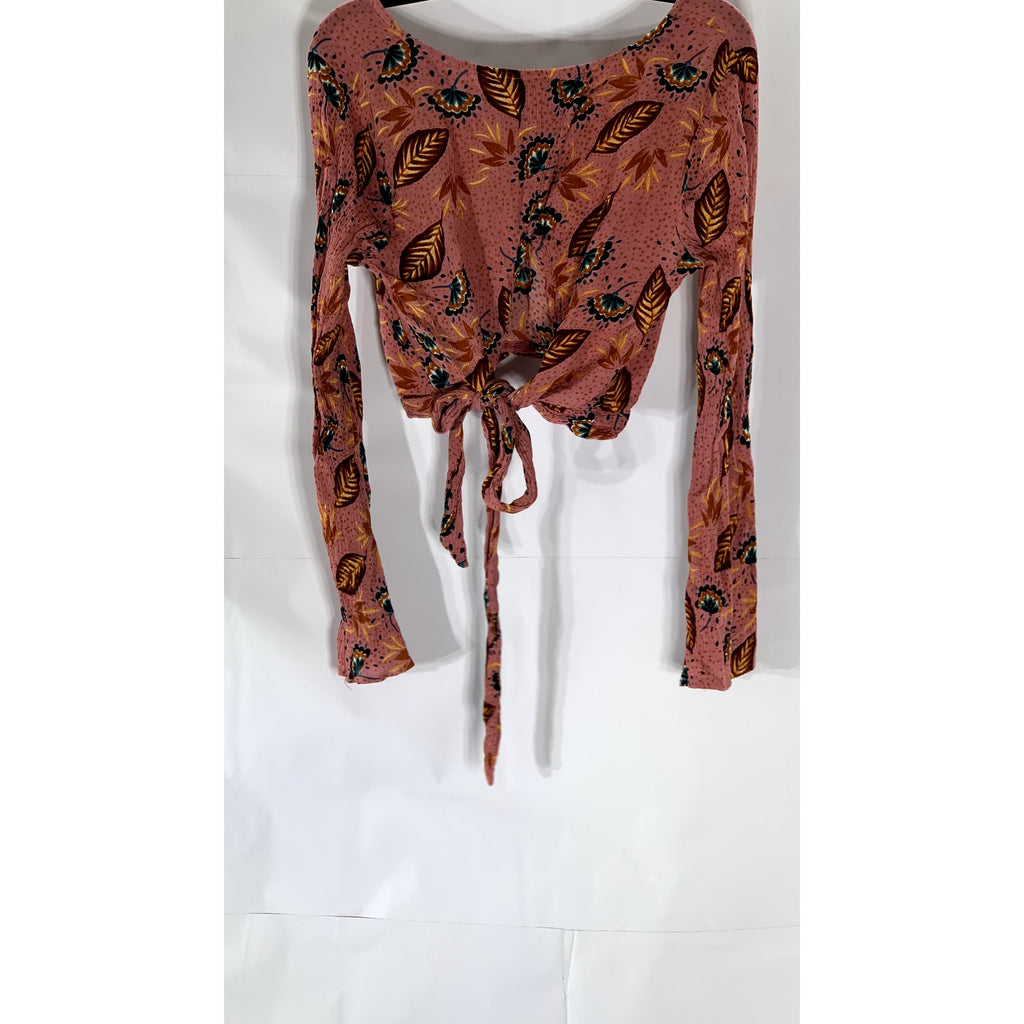 PATRONS OF PEACE Women's Pink Leaf Print Tie-Knot Front Long Sleeve Top SZ M