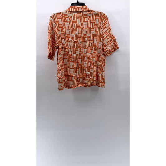NICE THINGS Women's Orange-White Dessau Print Short Sleeve Button-Up Top SZ40(8)