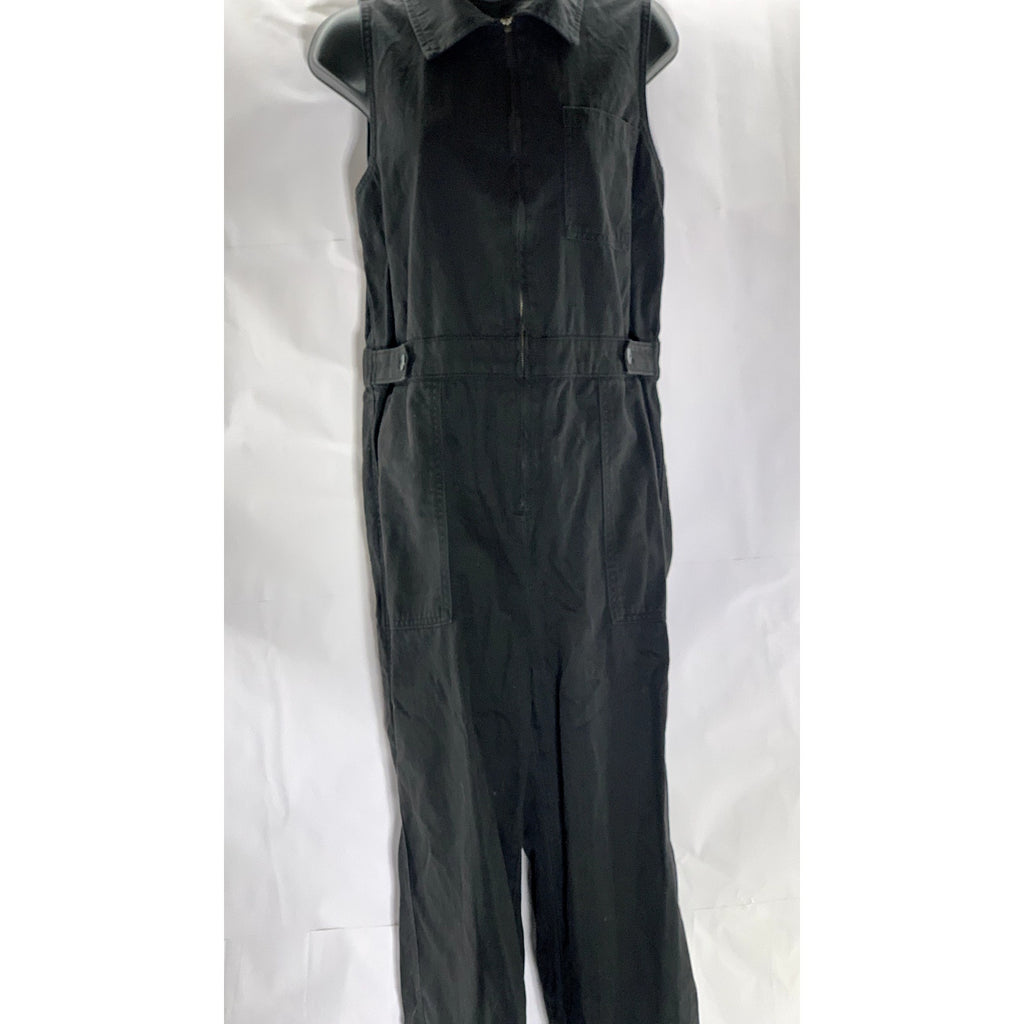 GAP Women's Petite Black Solid Demin Sleeveless Front Zip Jumpsuit SZ 10P