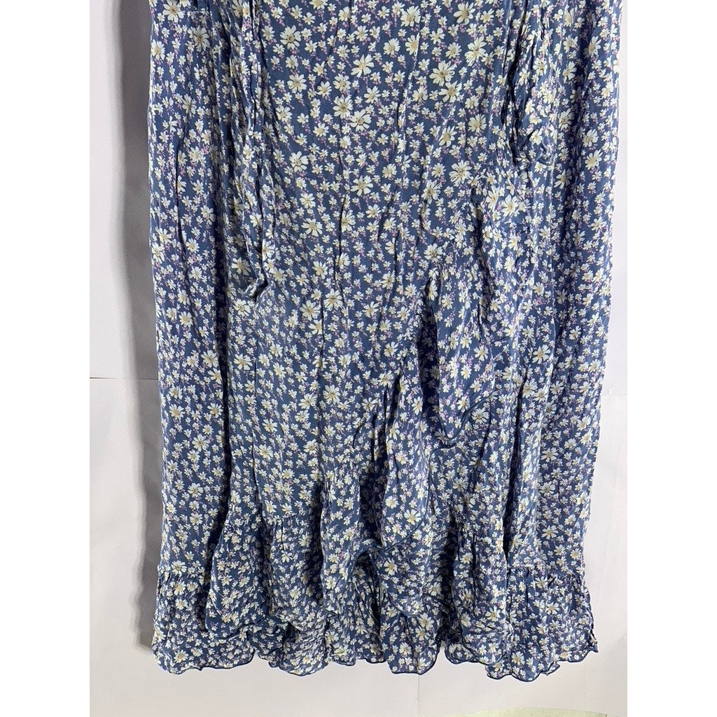 WALKER & WADE Women's Blue Floral Ruffle-Trim V-Neck Wrap Midi Dress SZ XS
