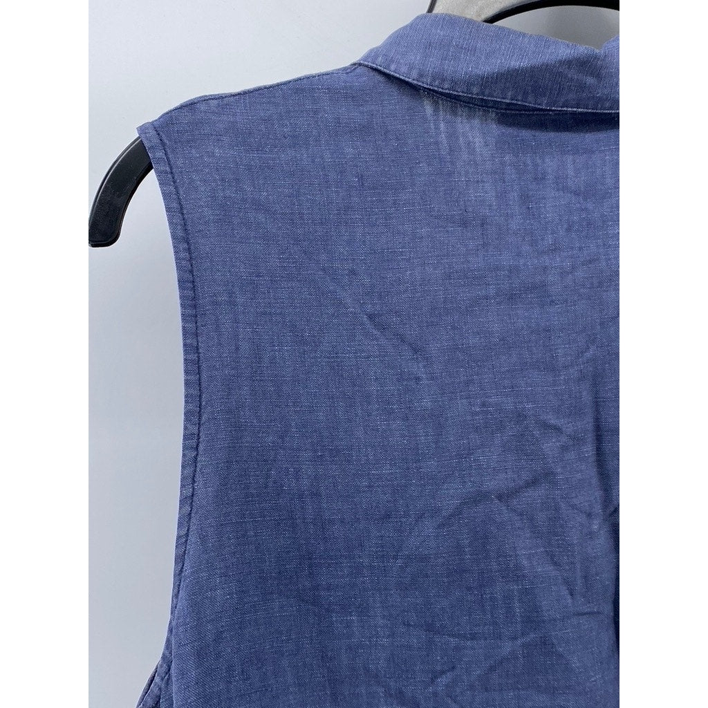 CHELSEA CAMBELL Women's Blue Linen Sleeveless Midi A-Line Shirt Dress SZ S