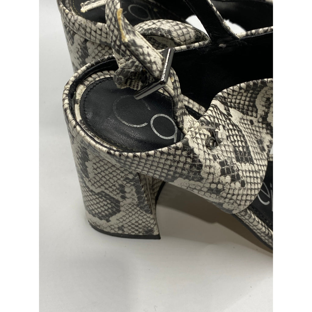 CALVIN KLEIN Women's Black-White Qeelin Snake Square-Toe Heeled Sandals SZ 6.5