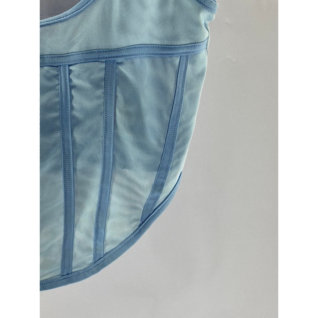 UNBRANDED Women's Light Blue Mesh Banded Corset Pointed-Hem Top SZ S