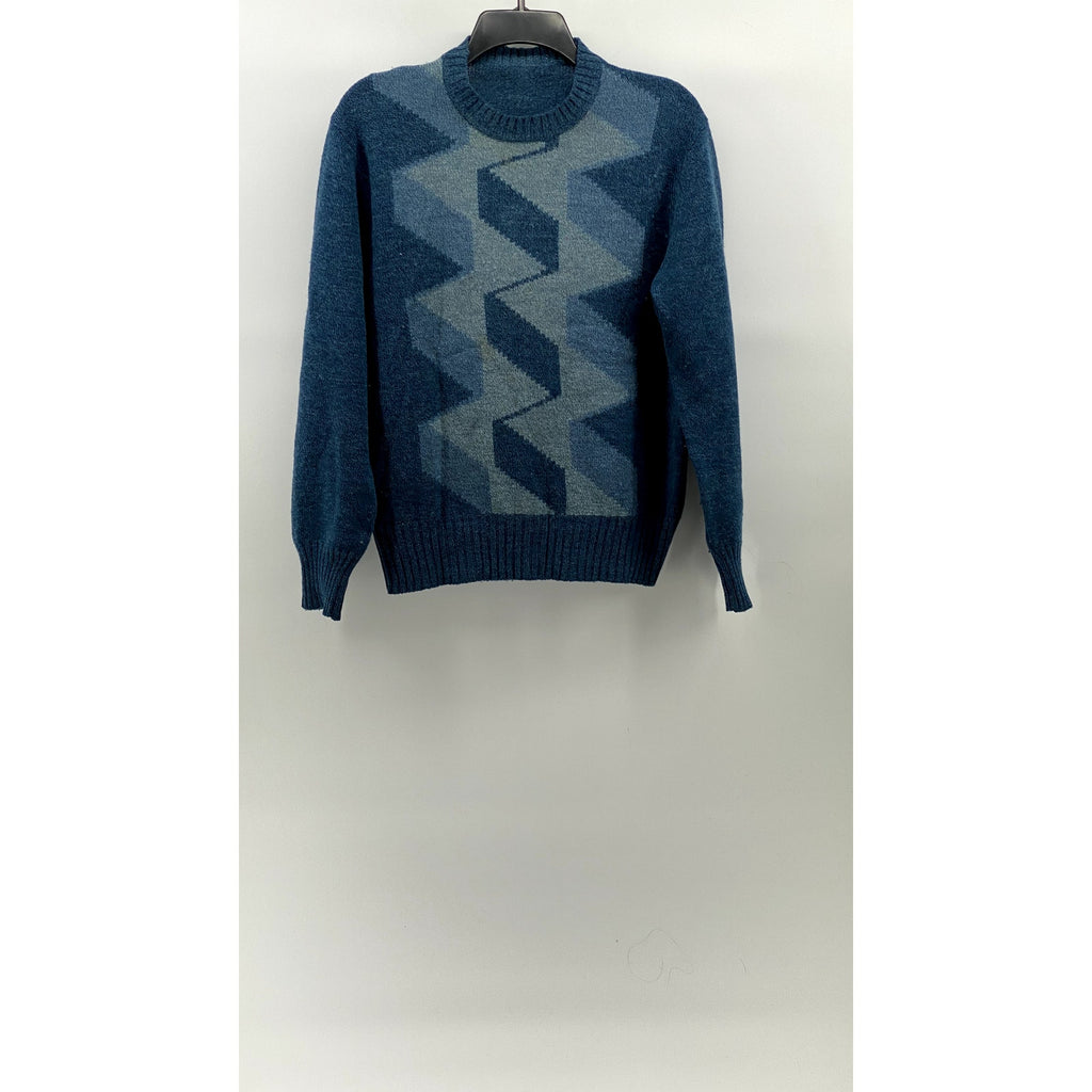 UNBRANDED Men's Blue Zig-Zag Crewneck Knit Wool-Blend Pullover Sweater SZ S