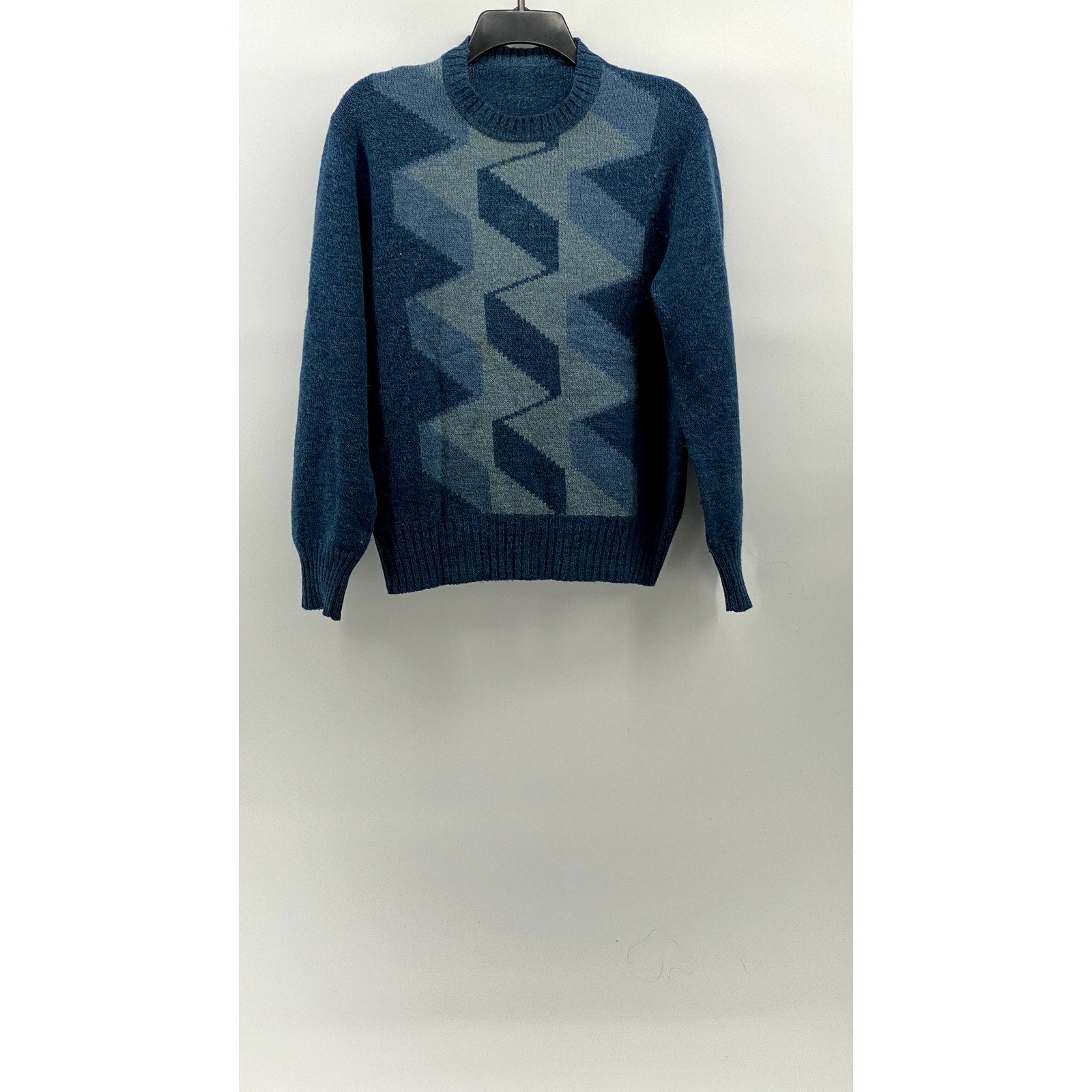 UNBRANDED Men's Blue Zig-Zag Crewneck Knit Wool-Blend Pullover Sweater SZ S