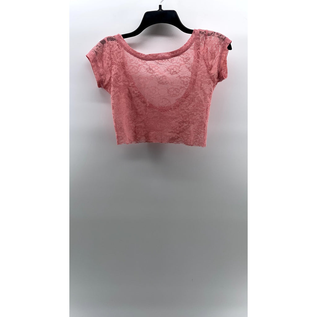 UNBRANDED Women's Light Pink Crewneck Lace Short Sleeve Cropped Top SZ XS