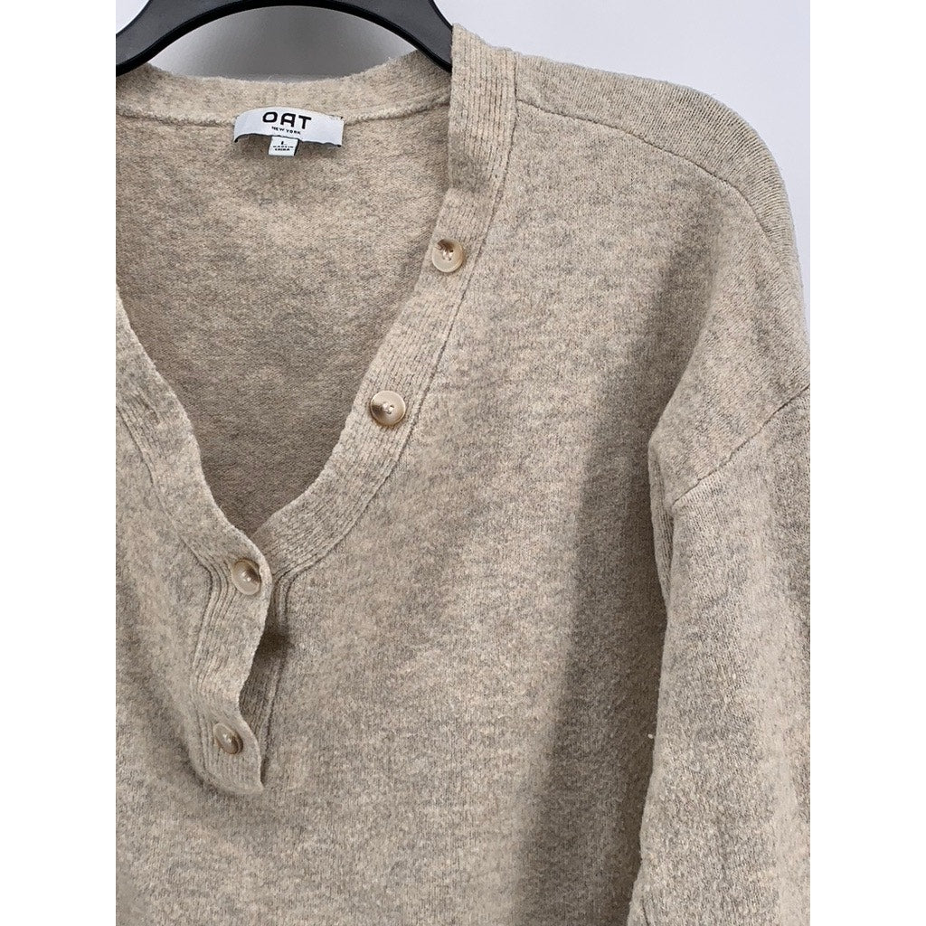 OAT NEW YORK Women's Beige V-Neck Button-Down Long Sleeve Sweater SZ L