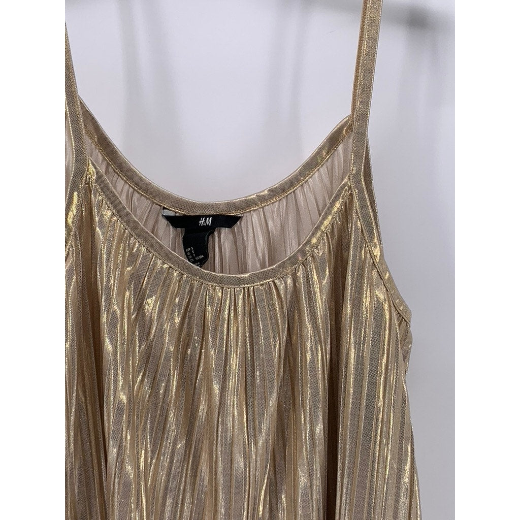 H&M Women's Gold Metallic Scoop-Neck Spaghetti Strap Pleated Tank Top SZ S