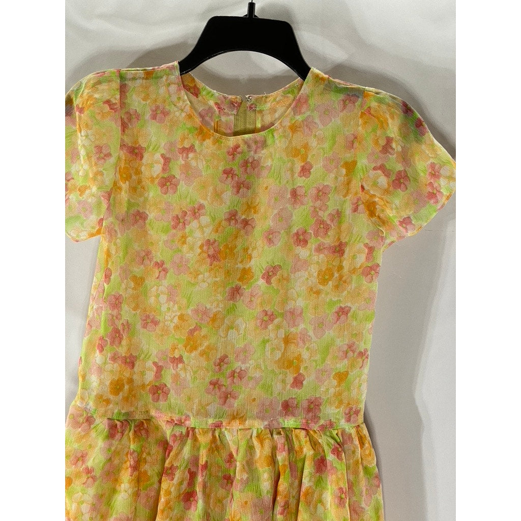 UNBRANDED Girls' Orange Floral Crewneck Short Sleeve Tiered Dress SZ L