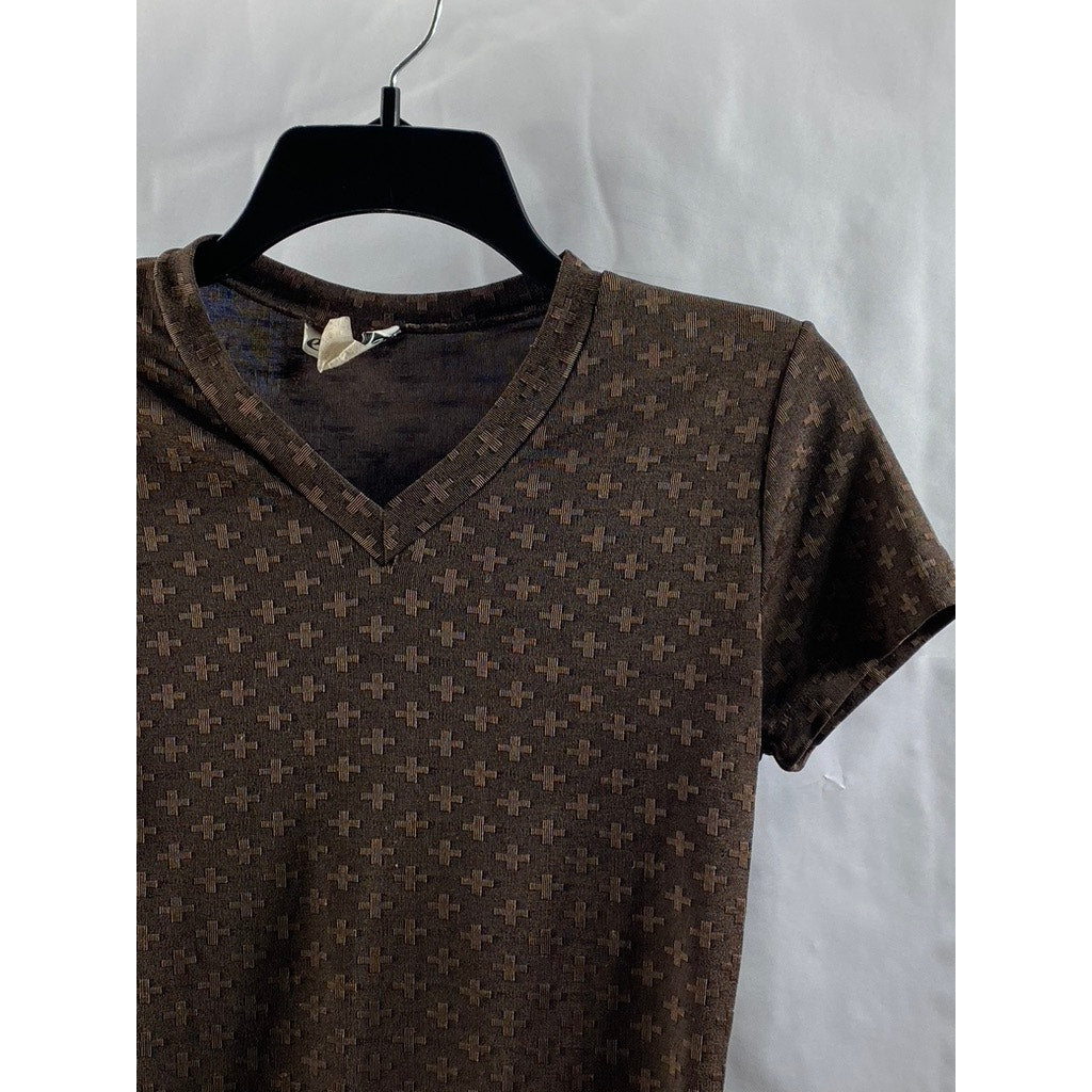 ES SE Women's Brown Cross Print Semi Sheer V-Neck Short Sleeve Top SZ M