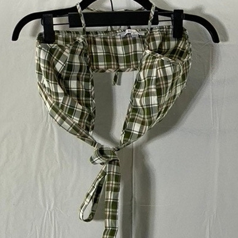 BLASHE Women's Green/Cream Plaid Tie-Knot Backless Halter Crop Top SZ L