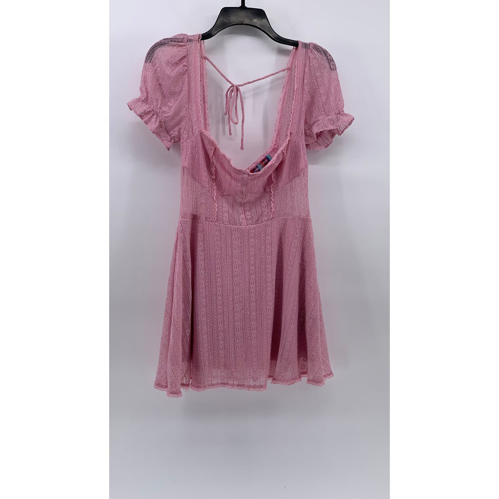 URBAN OUTFITTERS Women's Pink Roxie Lace Trim Short Sleeve Mini Dress SZ S