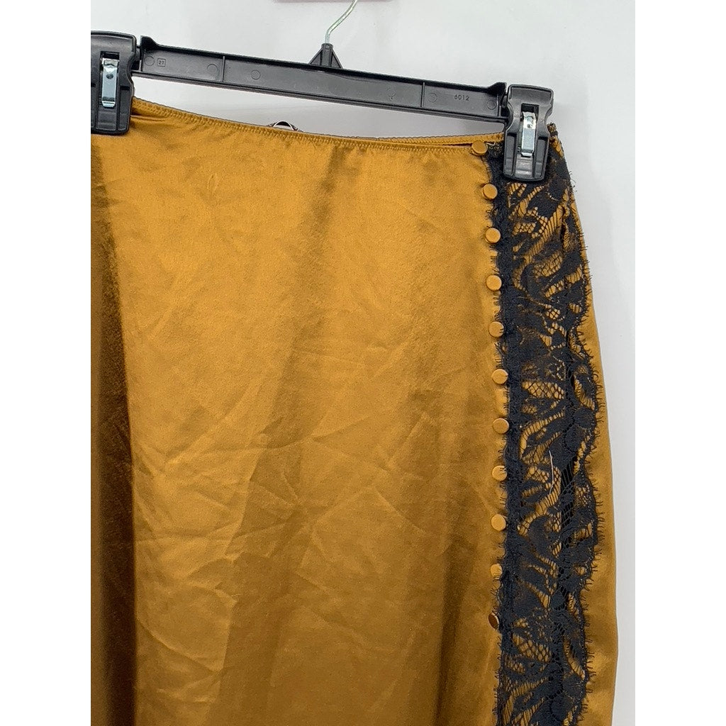 VICTORIA SECRET Women's Gold-Black Lace-Trim High-Rise Straight Midi Skirt SZ XS