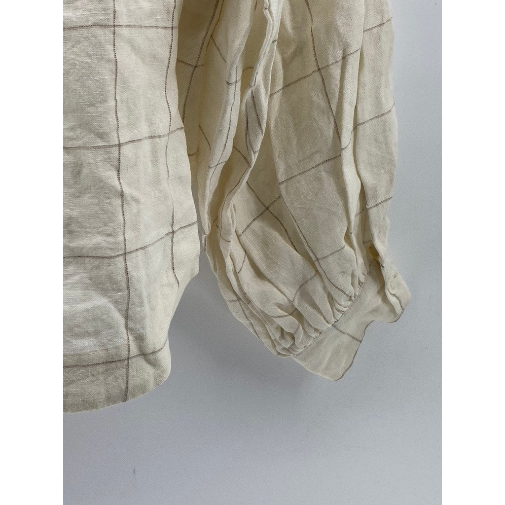 ROHE Women's Off-White Windowpane Linen Button-Up Long Sleeve Shirt SZ 42(US10)