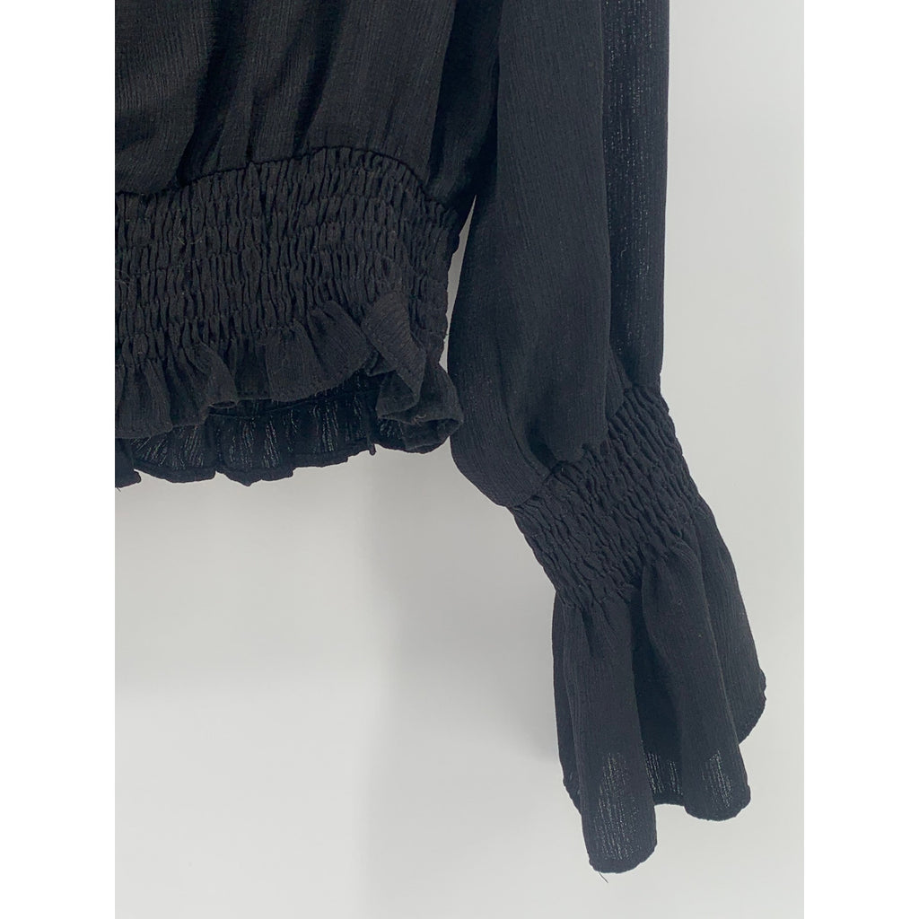 UNBRANDED Women's Black Sheer Mock-Neck Long Bell Sleeve Top SZ S