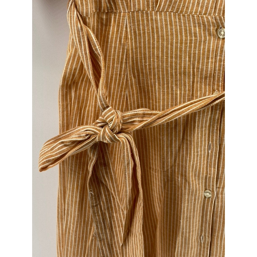 MNG BASICS Women's Orange-White Striped Button-Up Belted Midi Dress SZ S