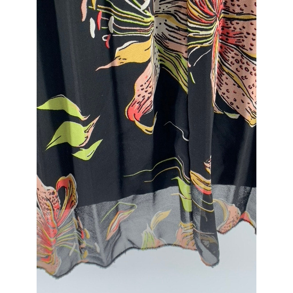 ASOS Women's Black Floral Print Long Sleeve Pleated A-Line Knee Length Dress SZ8
