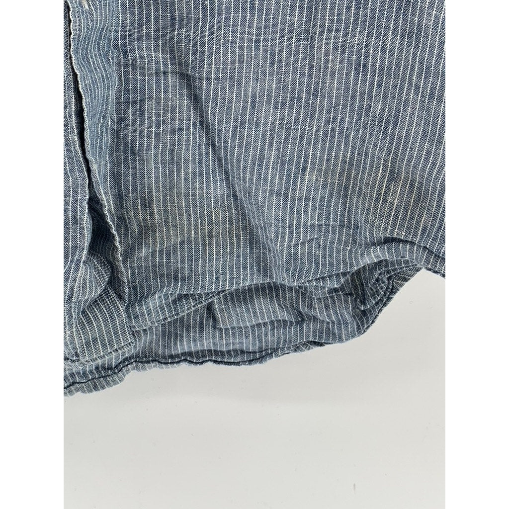 EVERLANE Men's Blue-White Micro Striped Linen Button-Up Short Sleeve Shirt SZ M