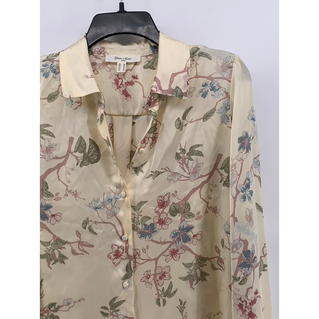 HARVER & BLAIRE LONDON Women's Cream Floral Button-Up Long Sleeve Top SZ M