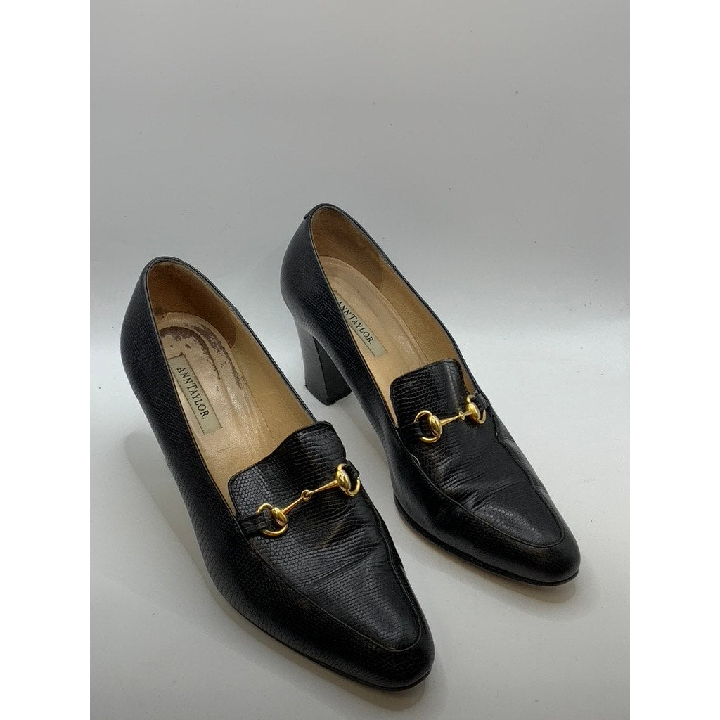 ANN TAYLOR Women's Black Textured Leather Horsebit Heeled Loafers SZ 8