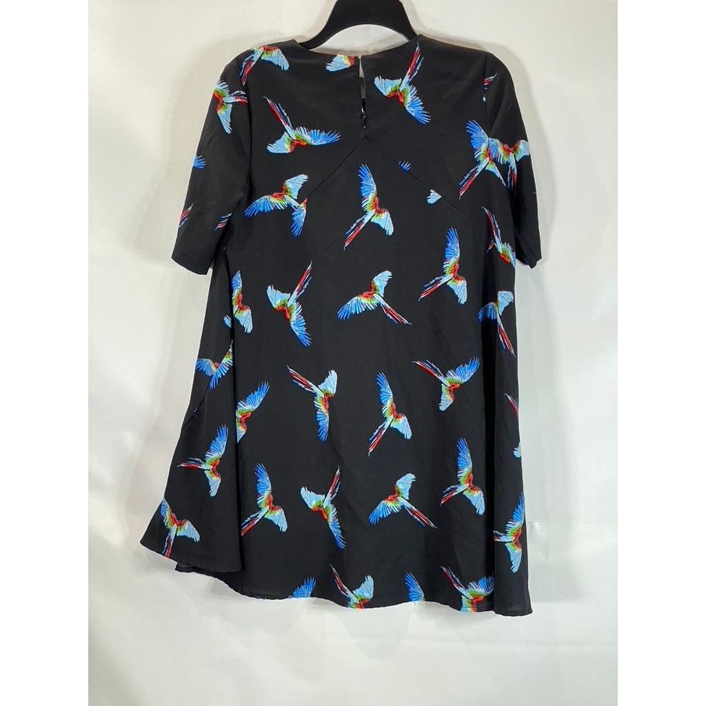 FRNCH Women's Black Bird Printed Crewneck Short Sleeve Mini Dress SZ M