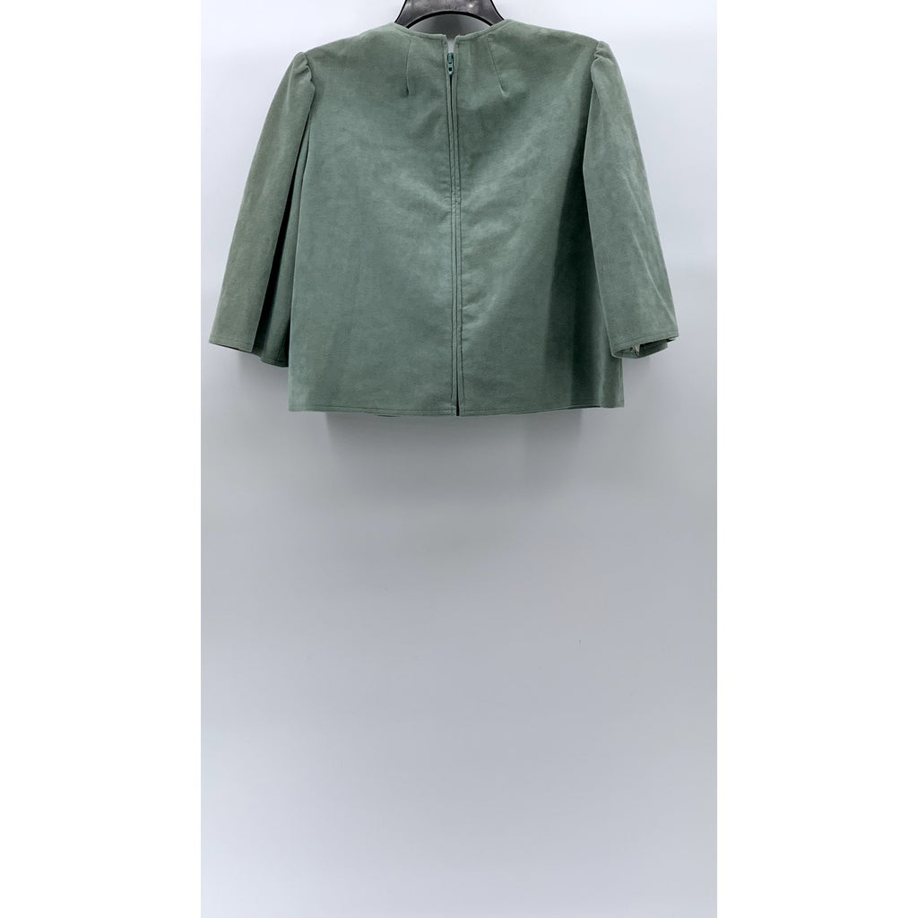 JOAN LESLIE BY KASPER Women's Mint Green Suede Button-Front Puff-Sleeve Top SZ S