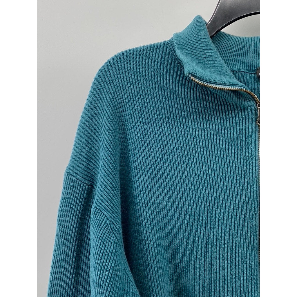 MUIJI Men's Blue-Green Ribbed Stand Collar Long Sleeve Zip-Up Cardigan SZ XL