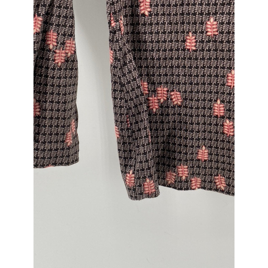 TYEBS Women's Vintage Brown Floral Button-Down Long Sleeve Top SZ 18